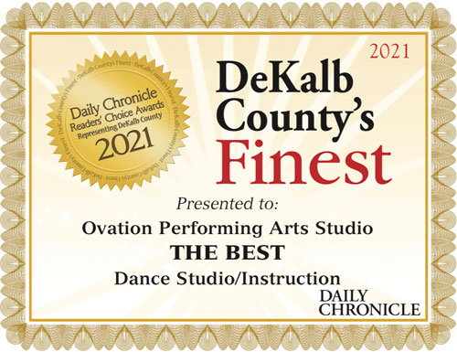 Graphic of a certificate showing that Ovation Performing Arts Studio was selected as the best dance studio in DeKalb County