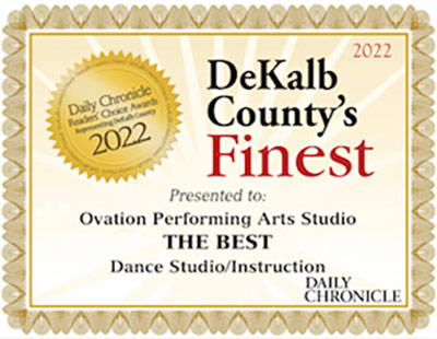 Graphic of a certificate showing that Ovation Performing Arts Studio was selected as the best dance studio in DeKalb County