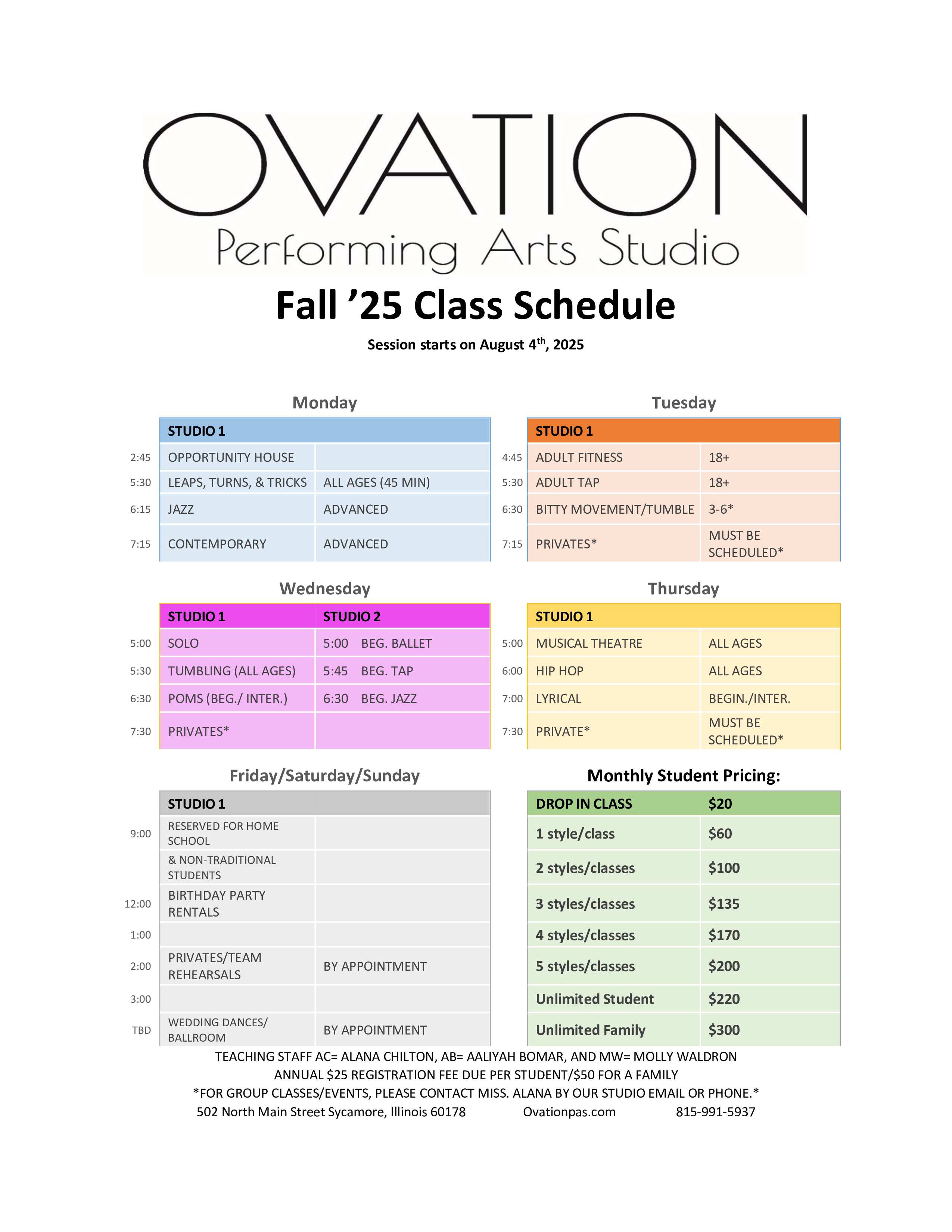 Ovation Schedule