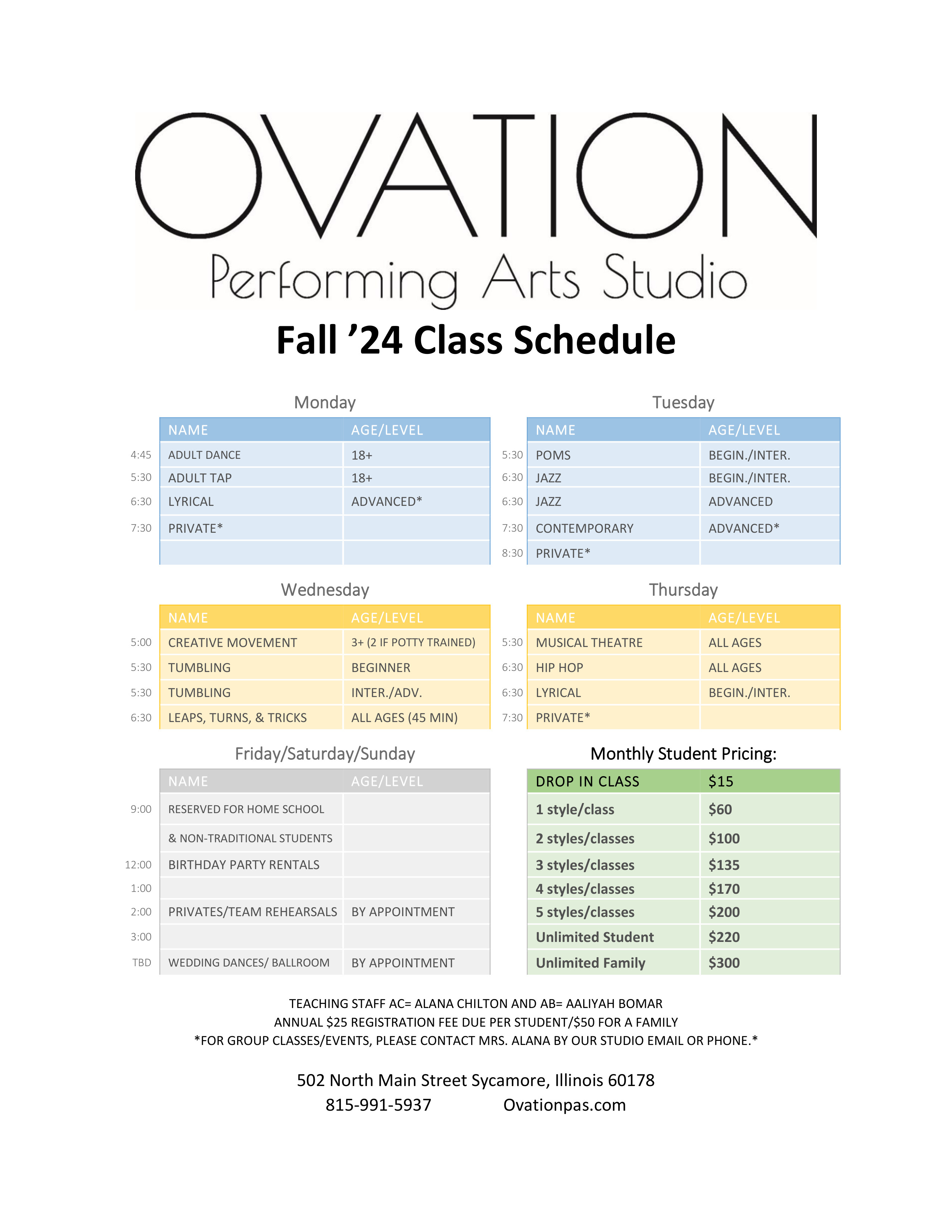 Ovation Schedule